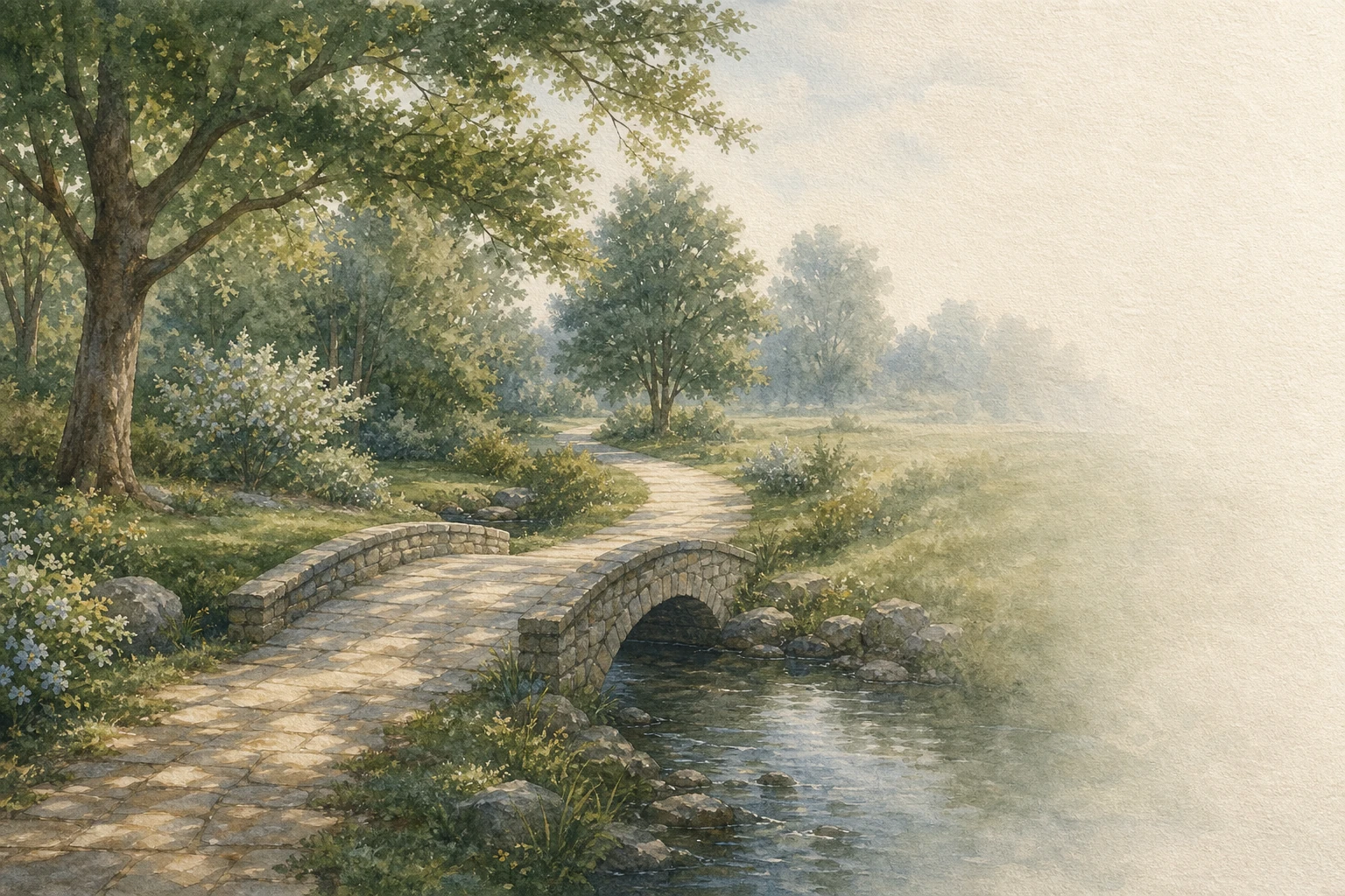 A continuous footbridge crossing a stream in a soft watercolor landscape.
